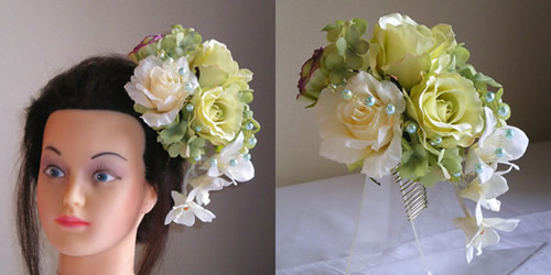 ミントローズと紫陽花の結婚式髪飾り